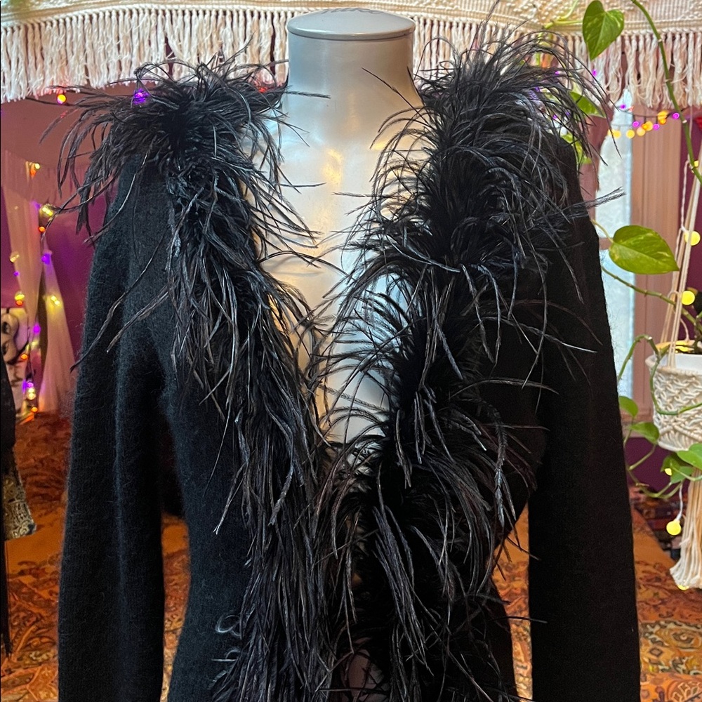 Vintage Goth black marabou feather trim mohair wool cardigan duster jacket - Picture 2 of 5